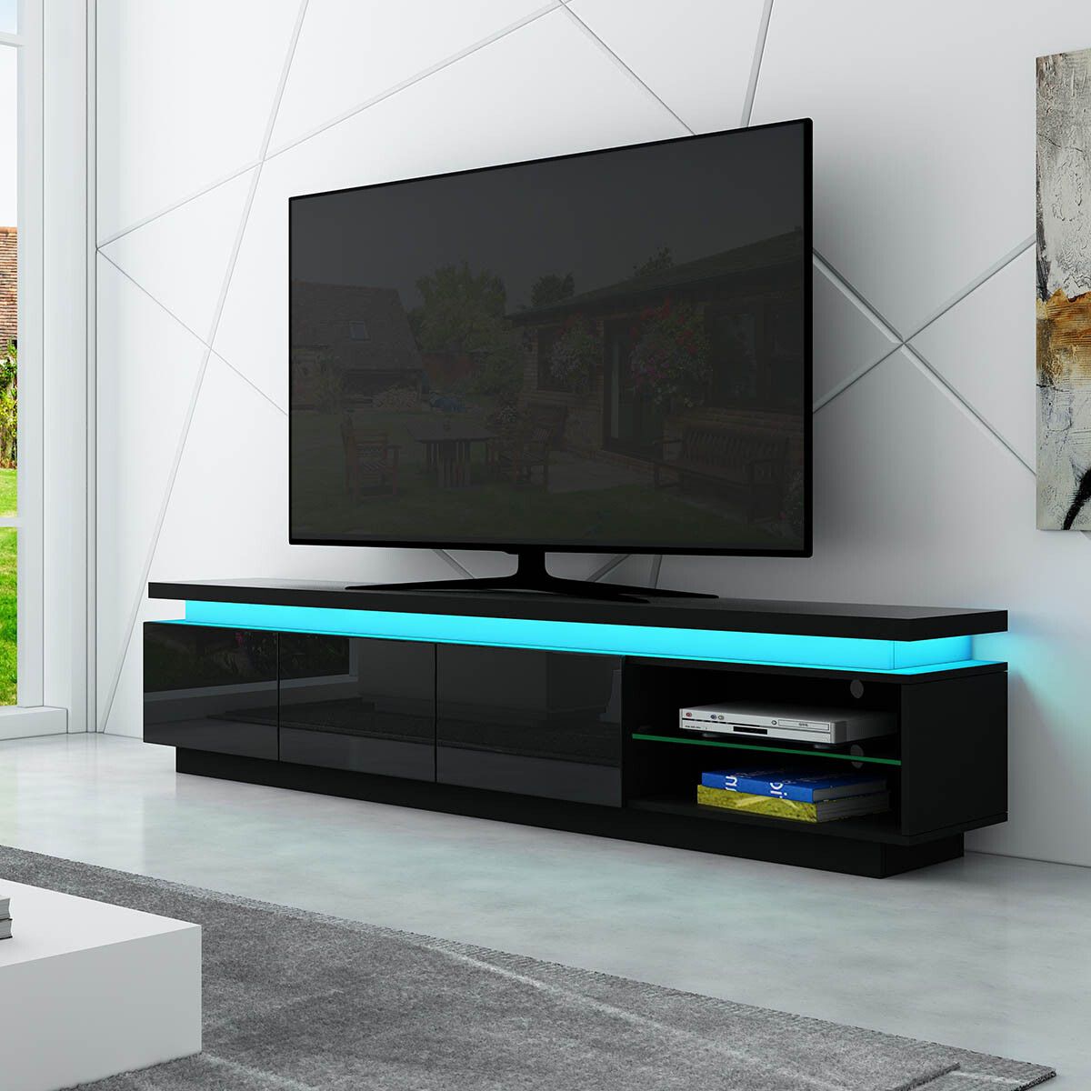 TV Unit Storage Cabinet 3 Drawers Television Stand High Gloss Front LED Lighted Modern Furniture Console Black