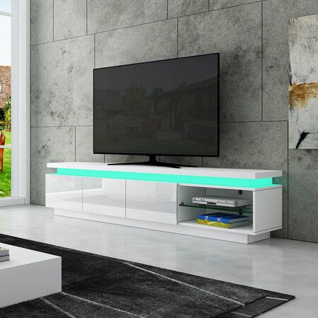 TV Unit Storage Cabinet LED Lighted High Gloss Front 3 Drawers Television Stand Modern Furniture Console White