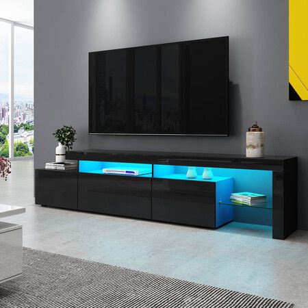 ELEGANT 1200mm LED Light TV Cabinet Modern Black High Gloss TV Stand with Ambient Lights for Bedroom Living Room with Ample Storage Furniture for 32 40 43 50 inch 4k TV 