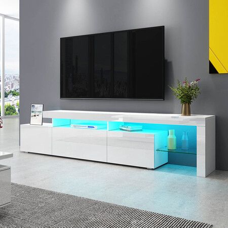 TV Storage Cabinet 1 Drawer Television Unit High Gloss Front Modern Furniture LED Lights Stand Console White