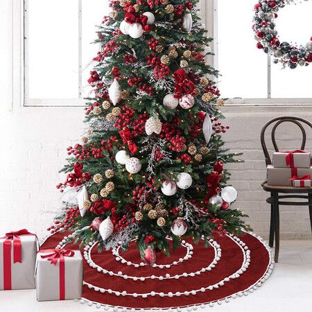 2021 Christmas Tree Skirt 122CM Red Linen Xmas Tree Skirts with Pom Pom for Christmas Decorations