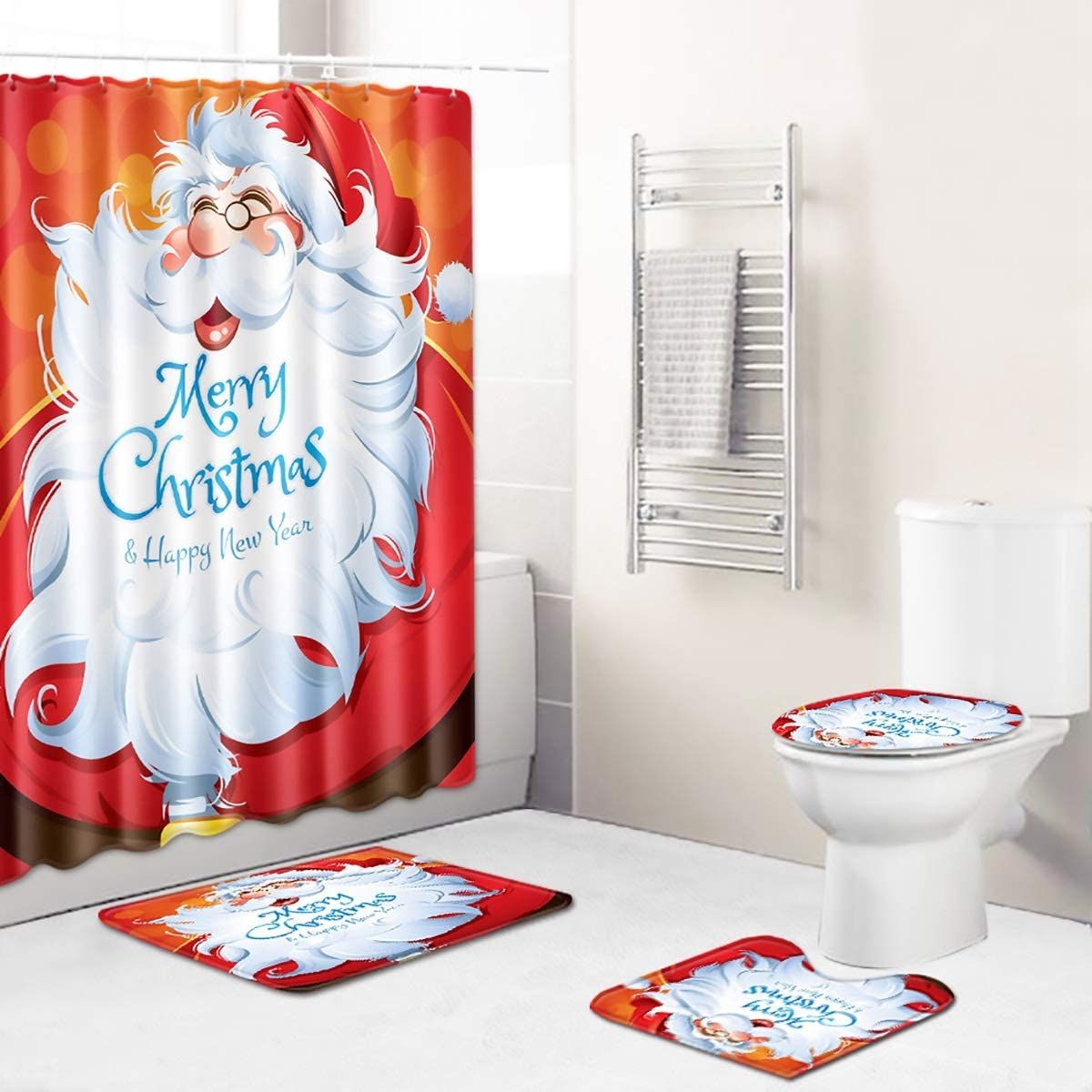 4pcs Set, A23 Toilet Lid Cover and Bath Mat Santa Shower Curtain with 12 Hooks for Christmas Decoration Valcatch Merry Christmas Shower Curtain Sets,Non-Slip Rug 