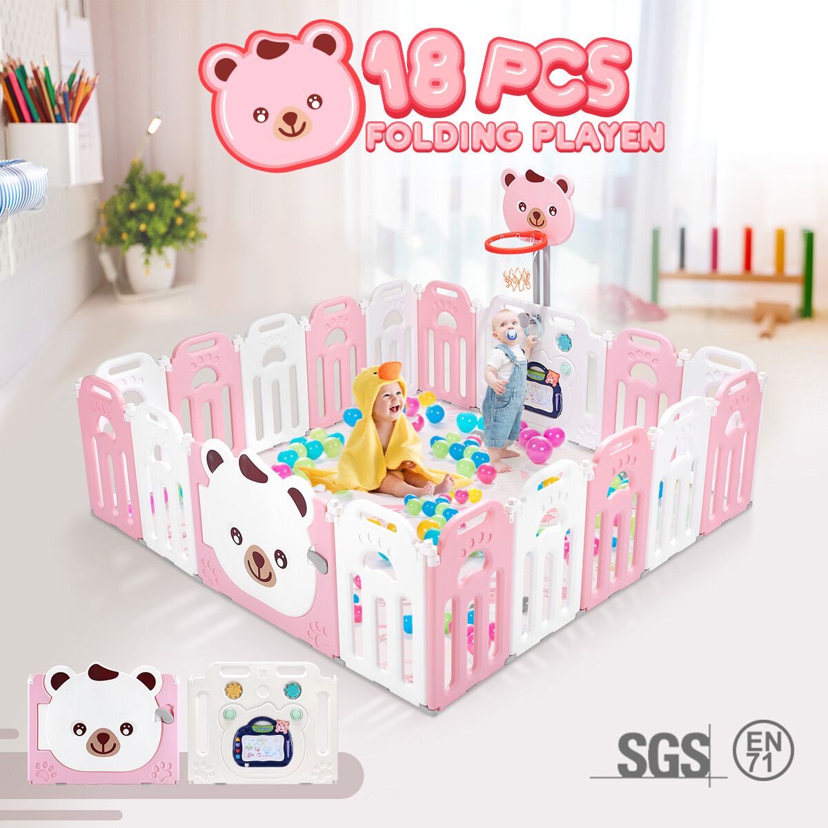 Baby Playpen Kids Fence Safety Gate Child Activity Centre Enclosure Barrier Toddler Play Room Yard Foldable Bear Design 18 Panels