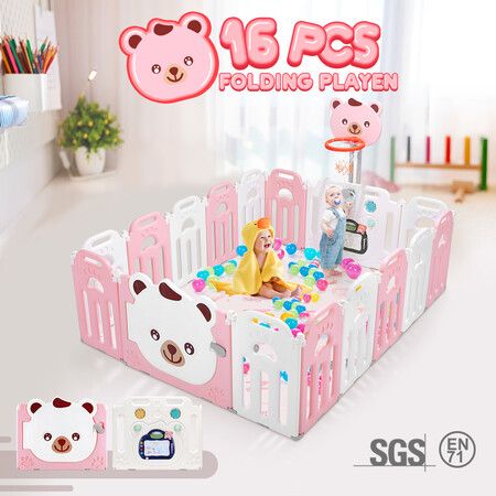 Baby Playpen Kids Safety Gate Barrier Child Activity Centre Fence Enclosure Toddler Play Room Yard Foldable Bear Design 16 Panels