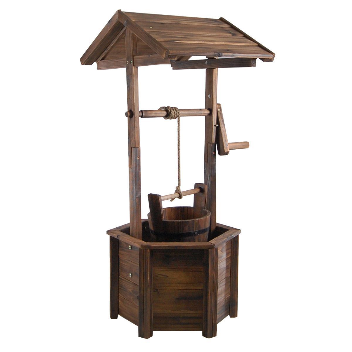 Garden Decor Timber Fir Wooden Wishing Well W/ Real Working Hand Crank