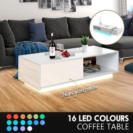 Modern White Rectangle Coffee Table High Gloss LED Storage Furniture with 1 Drawer 