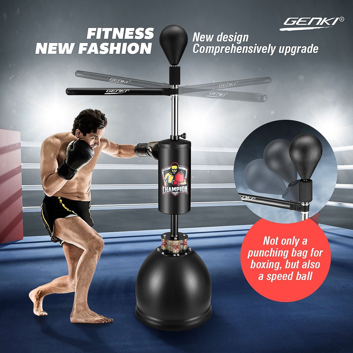 Genki Free Standing Punching Boxing Bag Stand Adjustable Height Rotating Arm Speed Ball