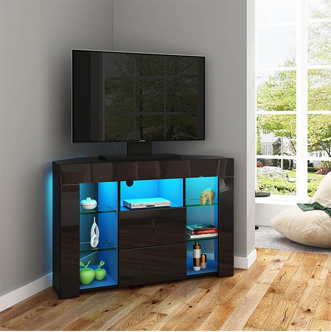 Black gloss corner tv unit with store led lights