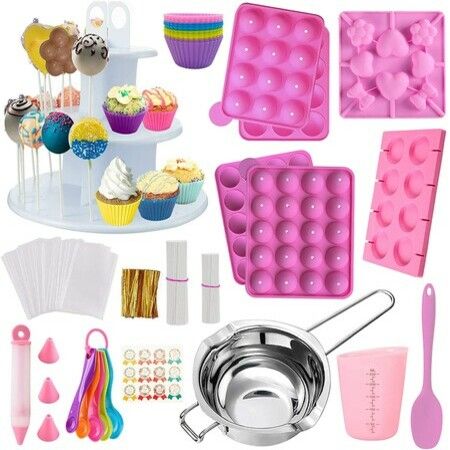 Cake Pop Maker Kit 454Pcs Silicone Lollipop Mold Set, Baking Supplies with 3 Tier Cake Stand, Chocolate Candy Melting Pot, Lollipop Sticks Cake Cup