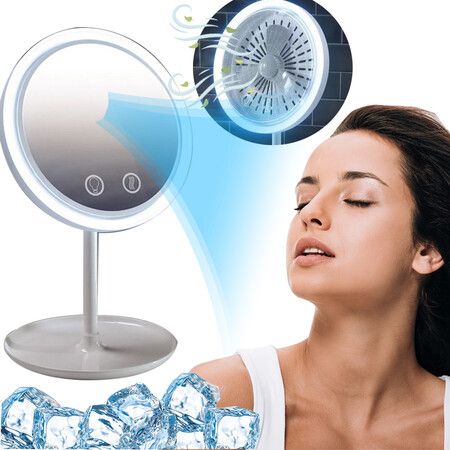 Makeup Mirror With Fan Storage LED Light Face Mirror Adjustable Touch Dimmer USB Led Vanity Backlit Mirror Table Cosmetic Mirror