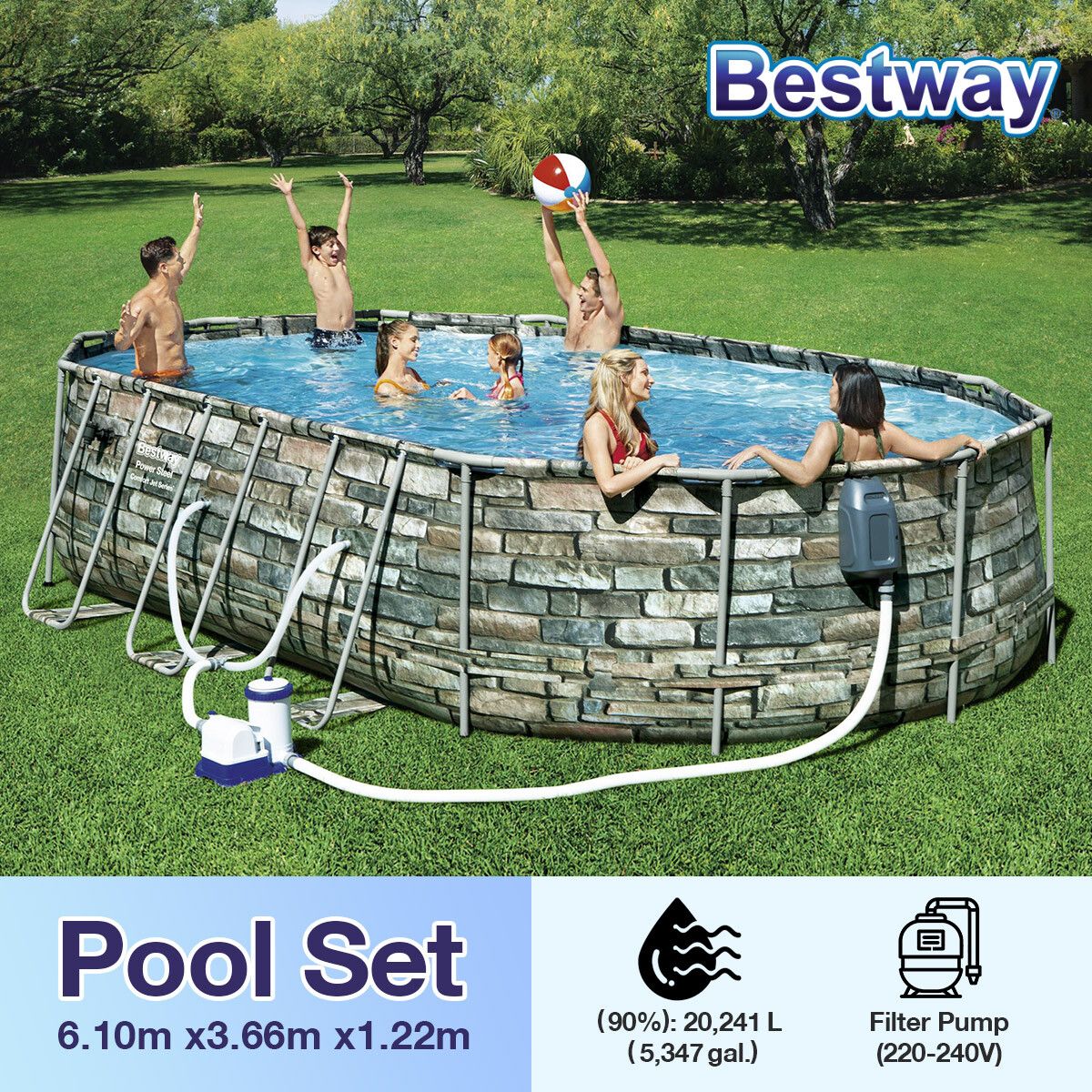 Bestway Oval Above Ground Swimming Pool Portable Backyard Pool Kit LED Light Filter Pump 6.1x3.66x1.22m