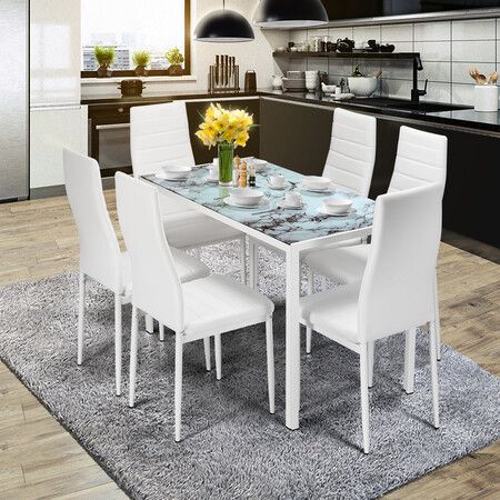 7-Piece Kitchen Dining Room Table and Chairs Set Furniture with Tempered Glass Tabletop