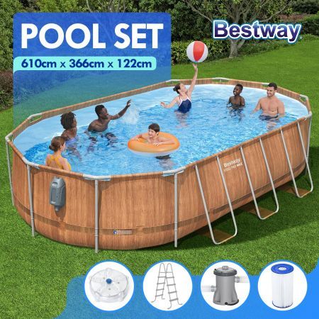 Bestway Oval Above Ground Swimming Pool Portable Backyard Pool Kit LED Light Filter Pump 6.1x3.66x1.22m