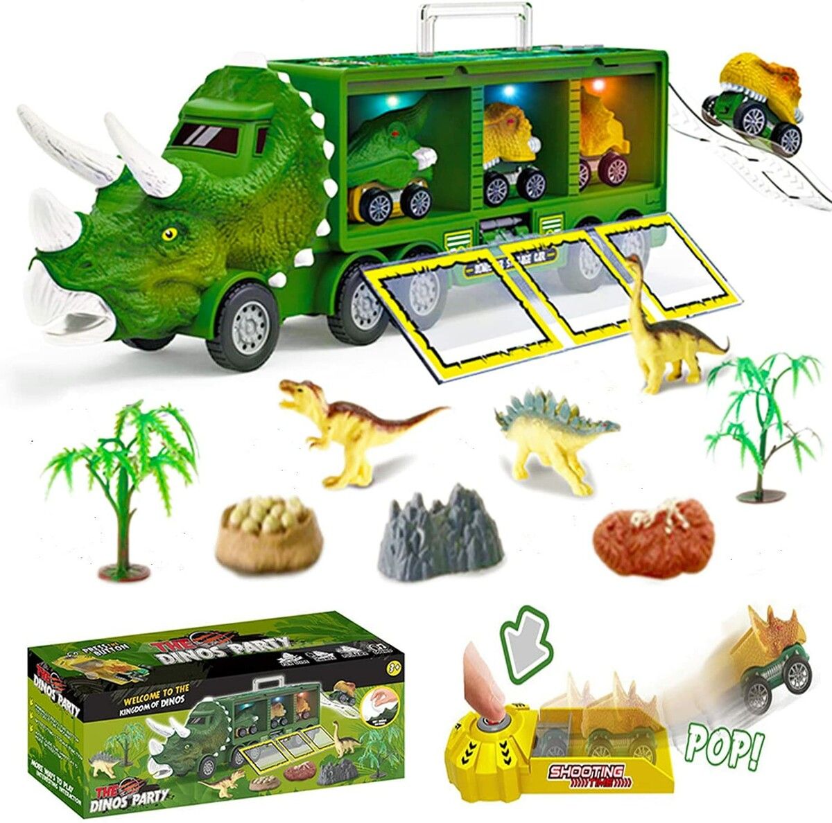 Dinosaur Toys for 1-6 Year Old Boys, Kids Toys Pull Back Dinosaur Transport Truck with Sound and Music&Light Toy Cars