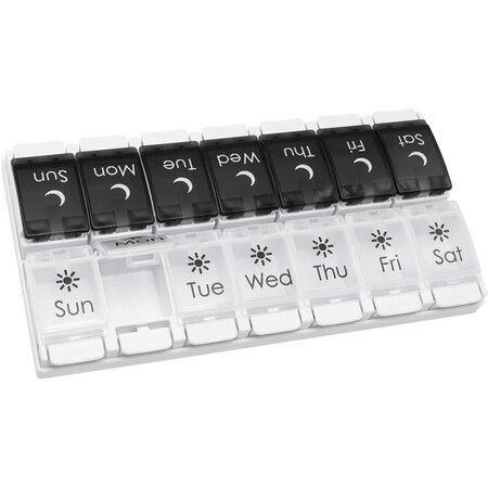 Push Button 7Day Pill Medicine Vitamin Organizer Box Weekly Am Pm and Lids, Black and White Am Pm, 1 Count