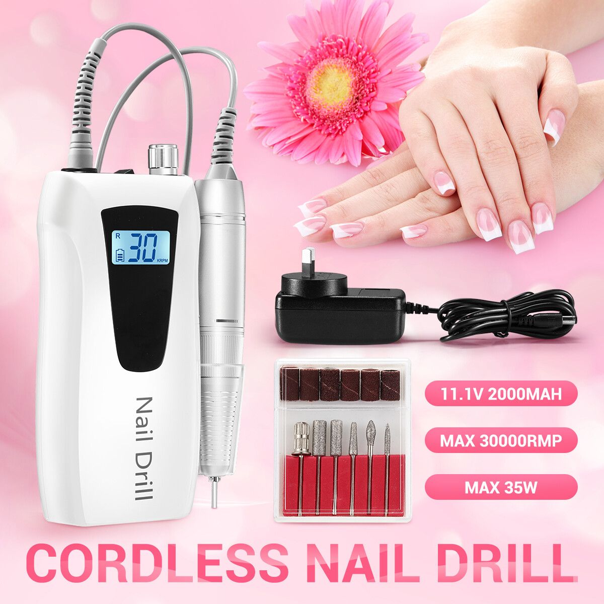 Nail Drill File Buffer Electric Manicure Machine Set Portable Rechargeable 30000RPM 35W