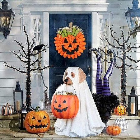 2PCS Halloween Ghost Dog Candy Bowl Holder Halloween Pumpkin Snack Bowl Stand Halloween Candy Bowl Holder Trick or Treat Wizard Ghost Dog Buckets 
