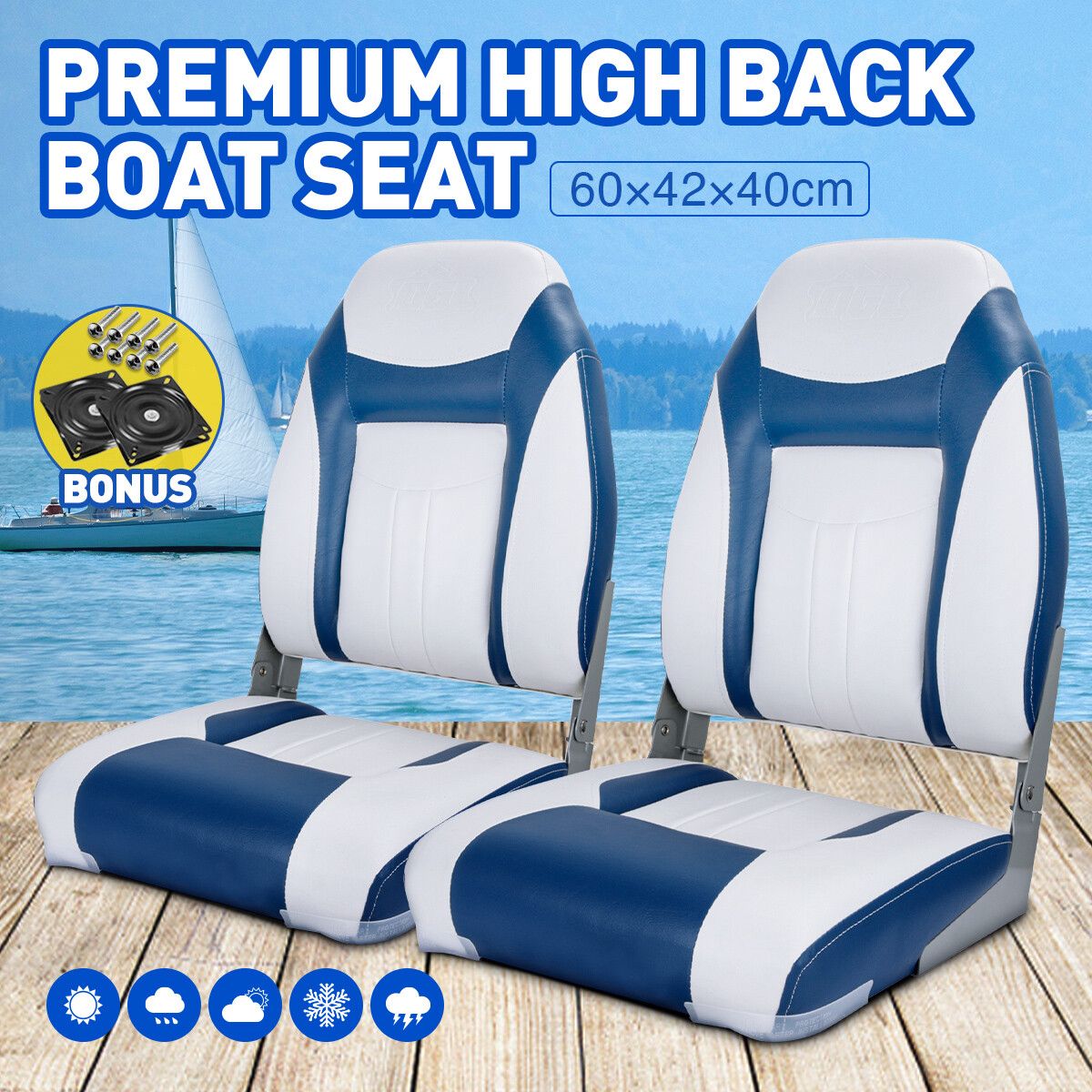 OGL 2 x All-weather Collapsible Marine Boat Seats Fishing Foldable Swivel Chairs Blue