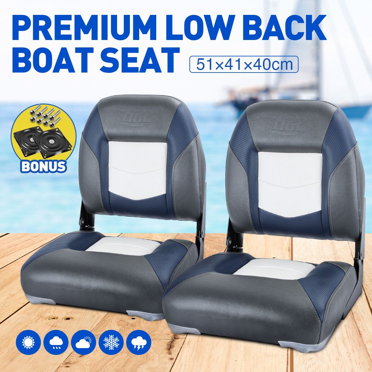 OGL 2 x All-weather Collapsible Marine Boat Seats Fishing Foldable Rotary Chairs Charcoal