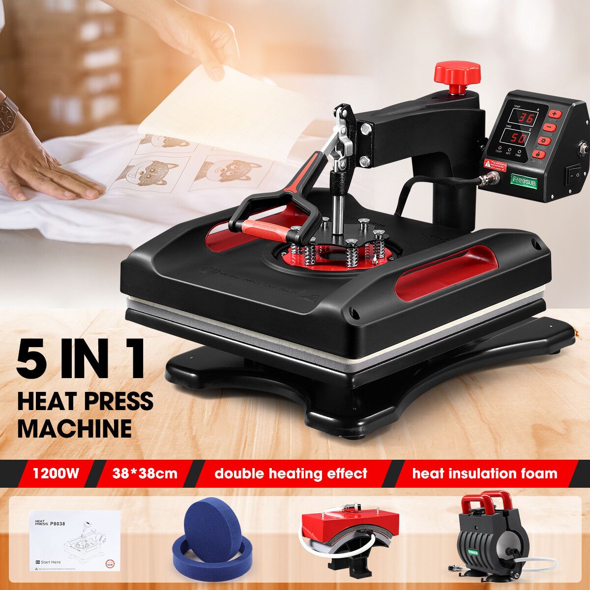 5-In-1 Digital Heat Press Machine Transfer Swivel Sublimation Printer Printing 1200W LCD Screen 38X38CM