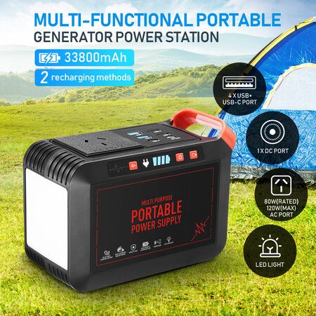 Portable Generator Solar Power Station Camping Lithium Battery Backup 125Wh 120W LED Light for Picnic Travel
