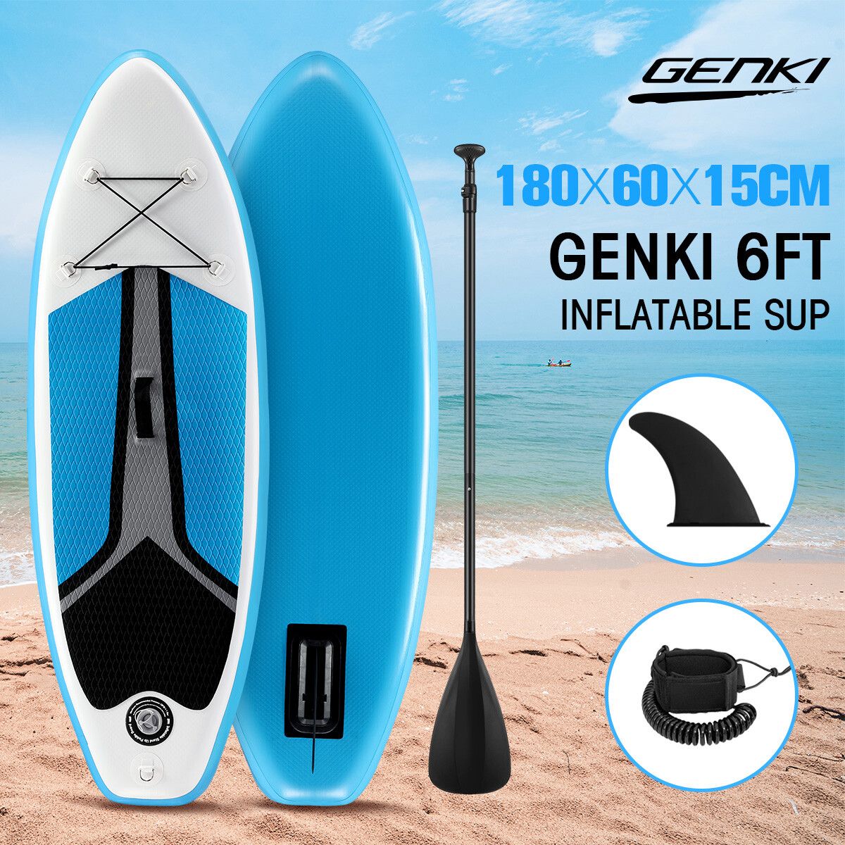 Genki Stand Up Paddle Board Inflatable Paddleboard SUP 180CM Fin Leash White Blue