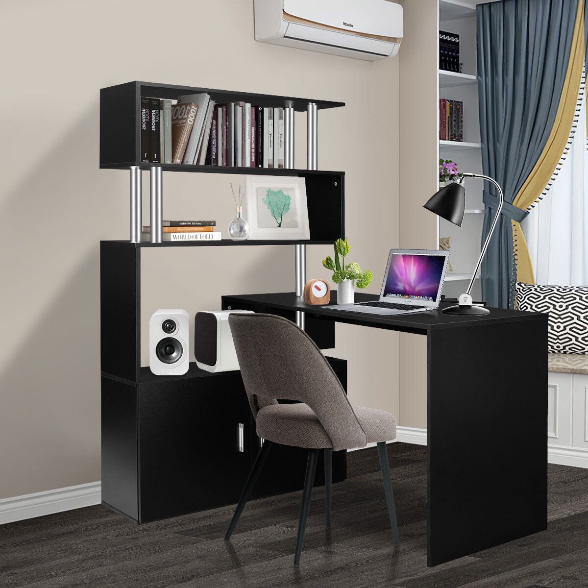 Office Computer Desk L Shaped Rotating Corner Study Home Writing Table 3 Bookshelf 2 Cabinet Black