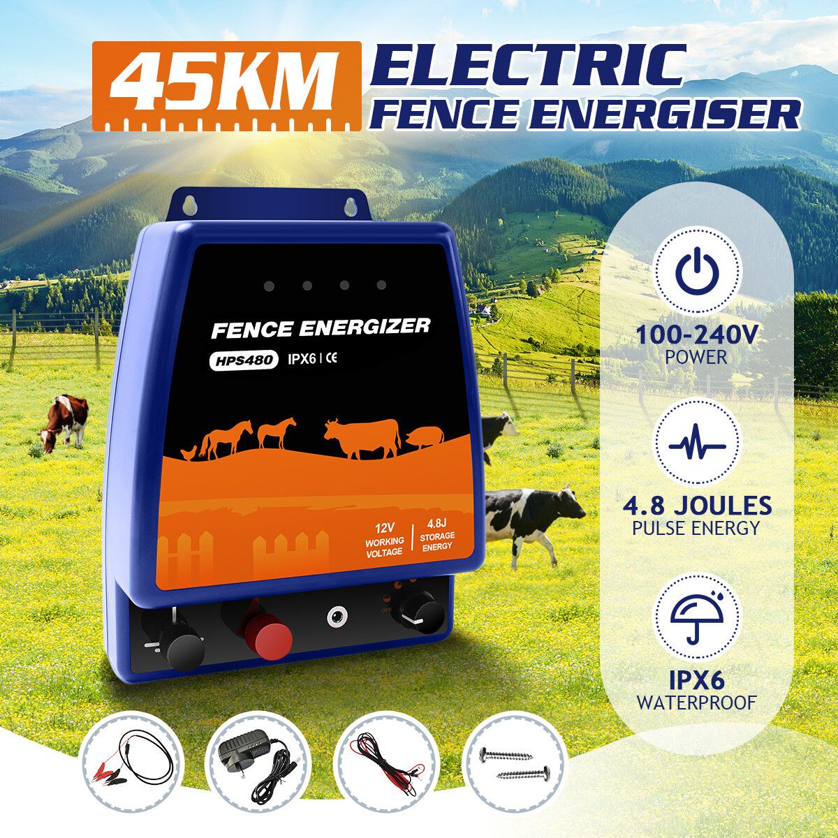 Petscene 45KM Electric Fence Energiser Charger Mains Fencing Energizer IPX6 4.8J