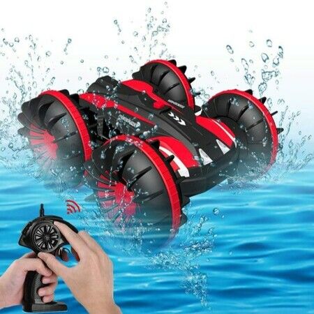 Amphibious 2.4 GHz Remote Control Boat Waterproof RC Monster Truck Stunt Car Toys for 5-10 Year Old kids (Red)