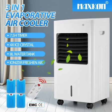 Maxkon Air Cooler Evaporative Purifier Humidifier Portable Cooling Fan 3 In 1 White and Black
