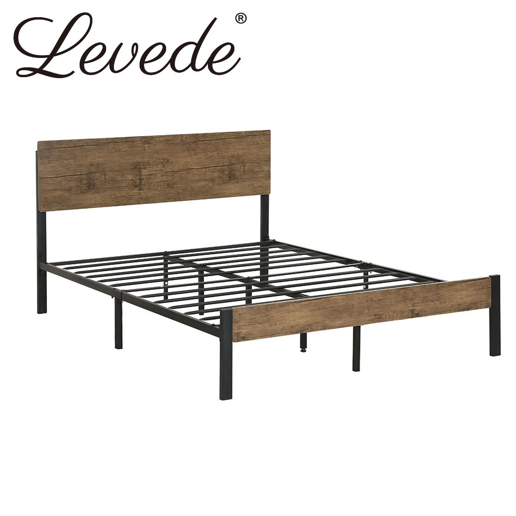 Levede Metal Bed Frame Queen Size Mattress Base Platform Wooden Headboard Brown