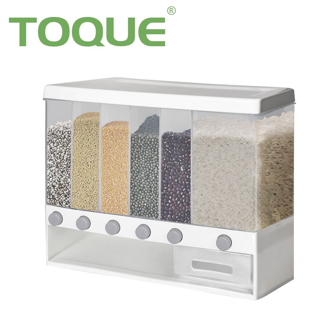 TOQUE Wall Mounted Cereal Dispenser 6 in 1 Dry Food Storage Container 10kg