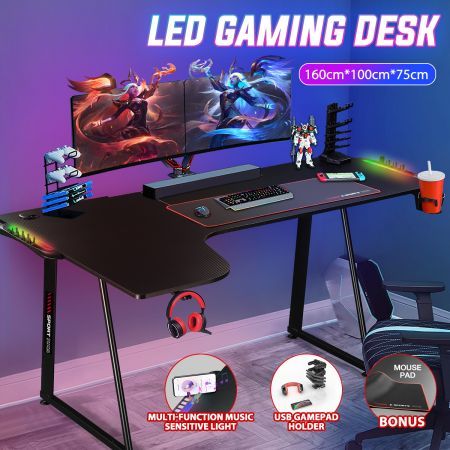 LED Gaming Desk Carbon Fibre Computer Desktop Racer Table Study Workstation RGB 160cm