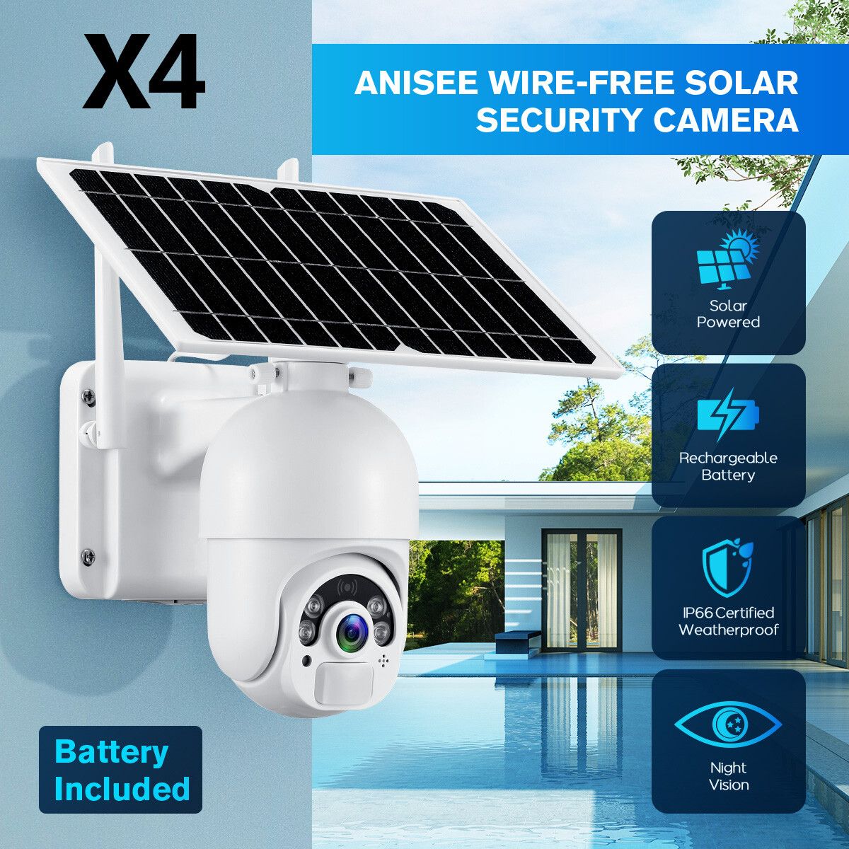 Anisee WIFI PTZ Camera Home Security System CCTV Installation Solar Powered Surveillance x4