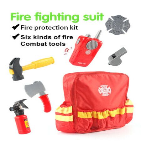 7Pieces Cosplay Firefighter Costume Fireman Suit Enlightenment for Kids Halloween Dress Up with Backpack and Accessories