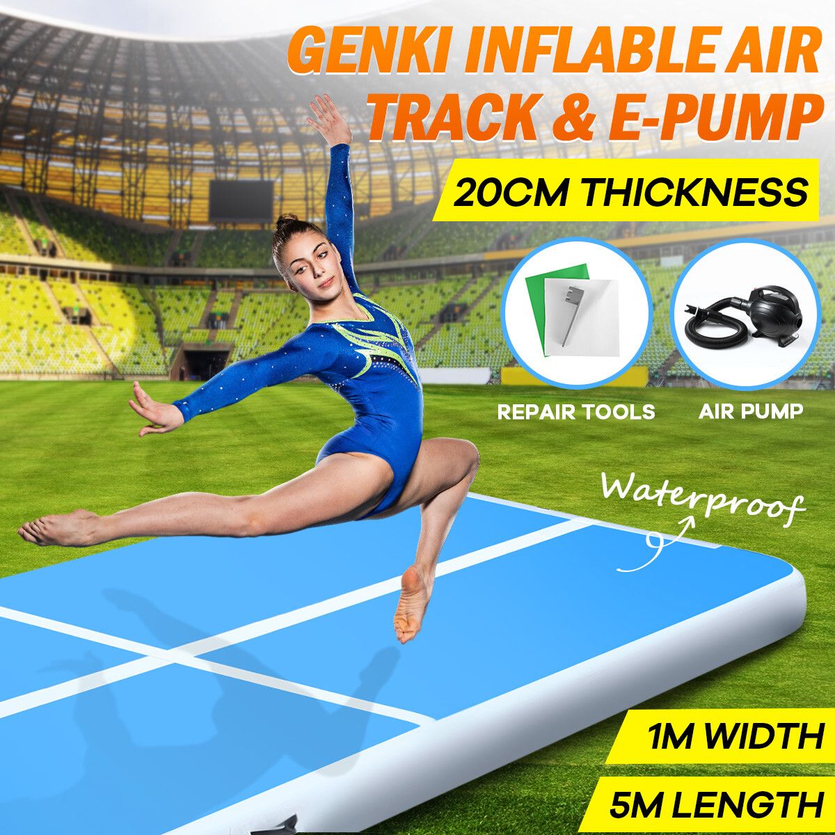 Gymnastics Airtrack Mat Inflatable Tumbling track with Electric Air Pump 5x1x0.2m Blue