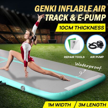 Inflatable Airtrack Gymnastics Mat Tumbling Track with Electric Air Pump 3x1x0.1m Green