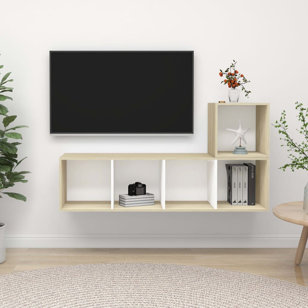 2 Piece TV Cabinet Set White and Sonoma Oak Chipboard