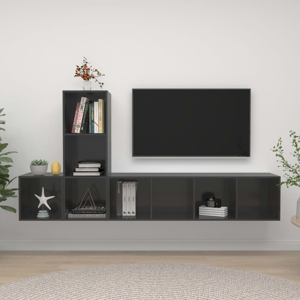 3 Piece TV Cabinet Set High Gloss Grey Chipboard