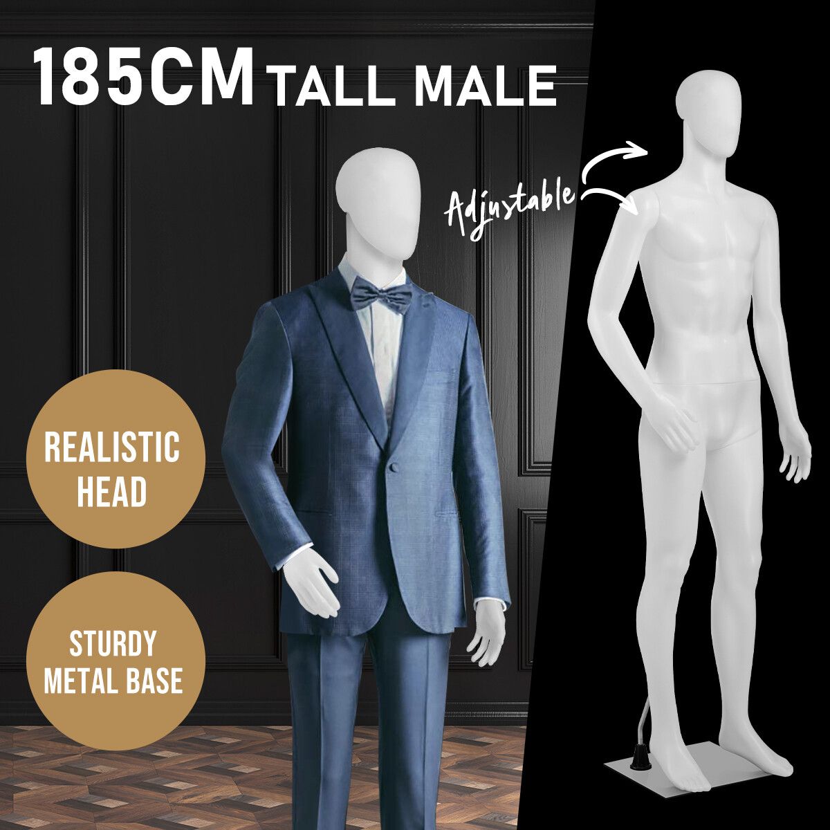 Male Mannequin 185CM Full Body Manikin Display Stand Dress Form Adjustable Detachable White