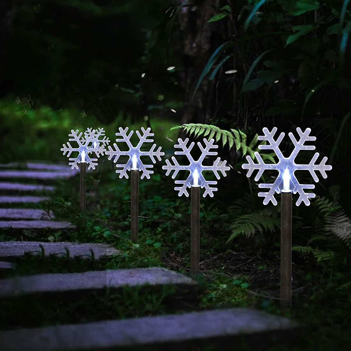 White Christmas Pathway Lights Solar Powered, Snowflake Lights with Stake Outdoor Waterproof, 5