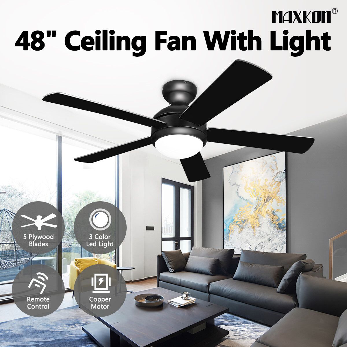 48 Inch Ceiling Fan with LED Lights Remote Control Electric Cooling 5 Blades 3 Speed Timer Black and walnut