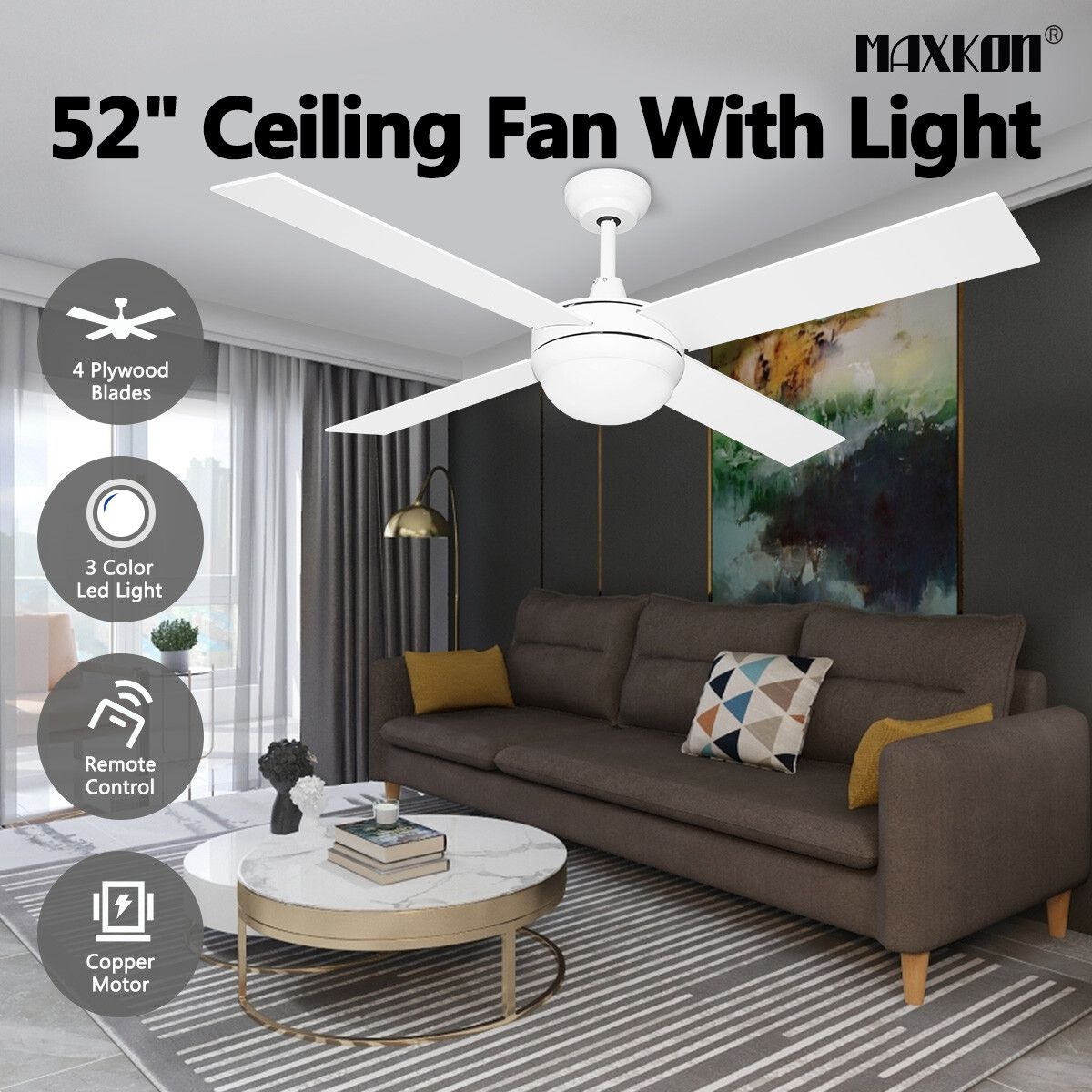 52 Inch Ceiling Cooling Fan with Lights and Remote LED Lamp 4 Blades 3 Speed Timer White