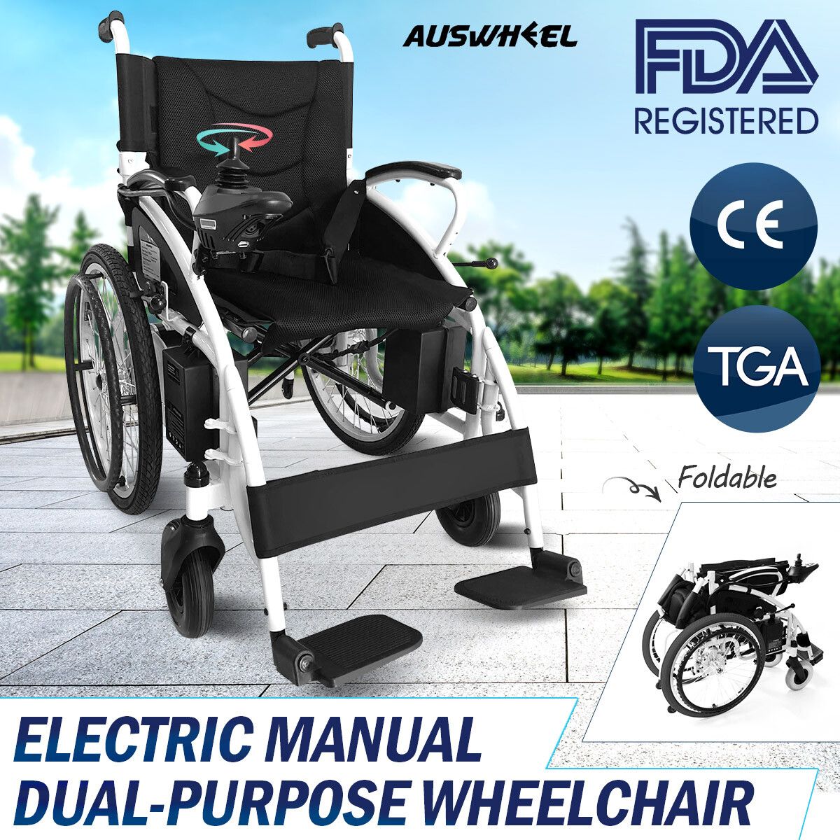 Auswheel Wheelchair Electric Mannual Mobility Aid Foldable Lightweight Medical Equipment Self Propelled Black