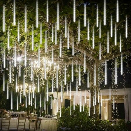 Meteor Shower Lights Waterproof LED Falling Rain Lights 192 LEDs 11.8 inch 8 Tubes Outdoor Christmas for Party Wedding Garden Xmas Tree Holiday, White