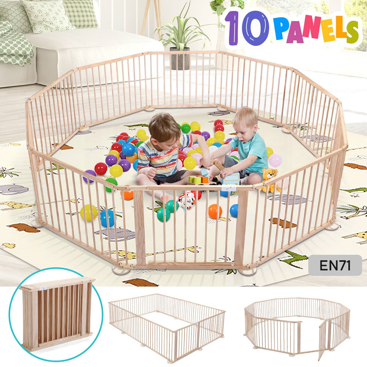 Kidbot Wooden Playpen Foldable Fence Kids Activity Centre Outdoor Playard 10 Panel