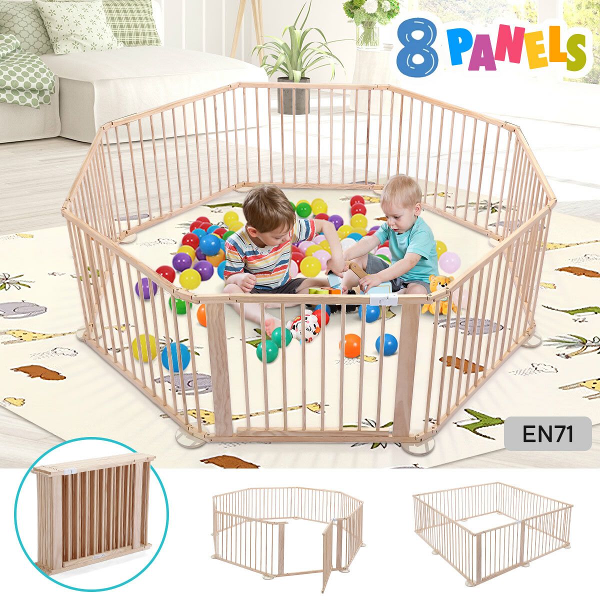 Kidbot Wooden Playpen Kids Activity Centre Foldable Fence Outdoor Playard 8 Panel 