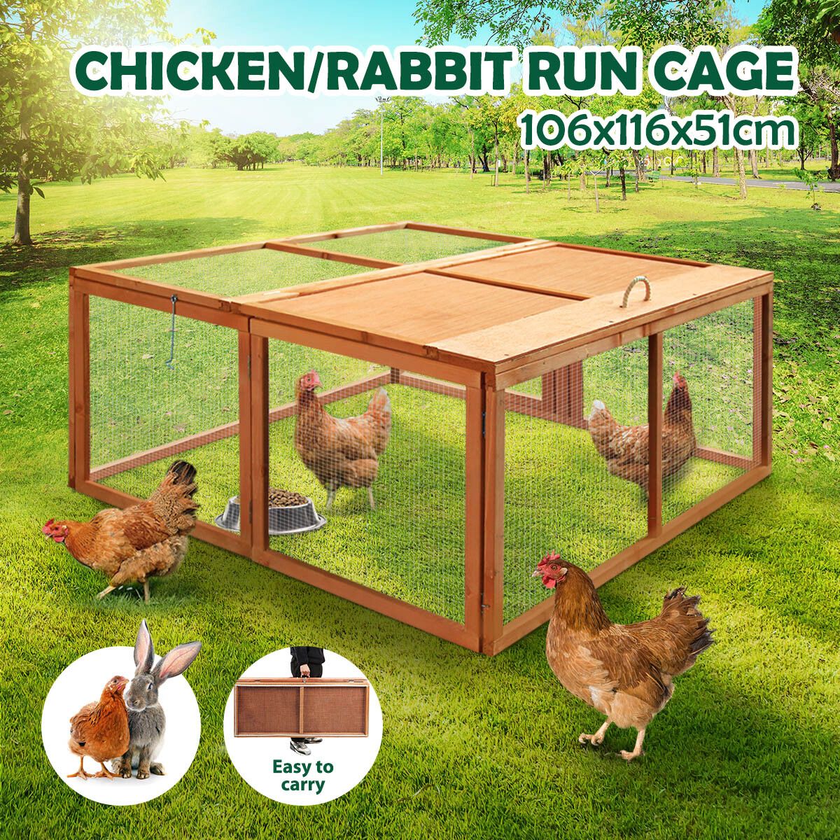 Petscene Foldable Wooden Chicken Coop Cage Backyard Rabbit Hutch Poultry House Run