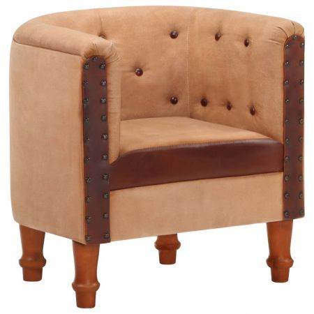 Tub Chair Brown Real Leather and Solid Mango Wood