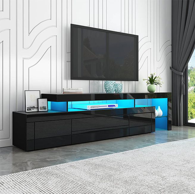 Black Black/White Tv Console Modern Minimalist TV Cabinet Living Room with High-Gloss LED Lights TV Cabinet Storage Drawers 